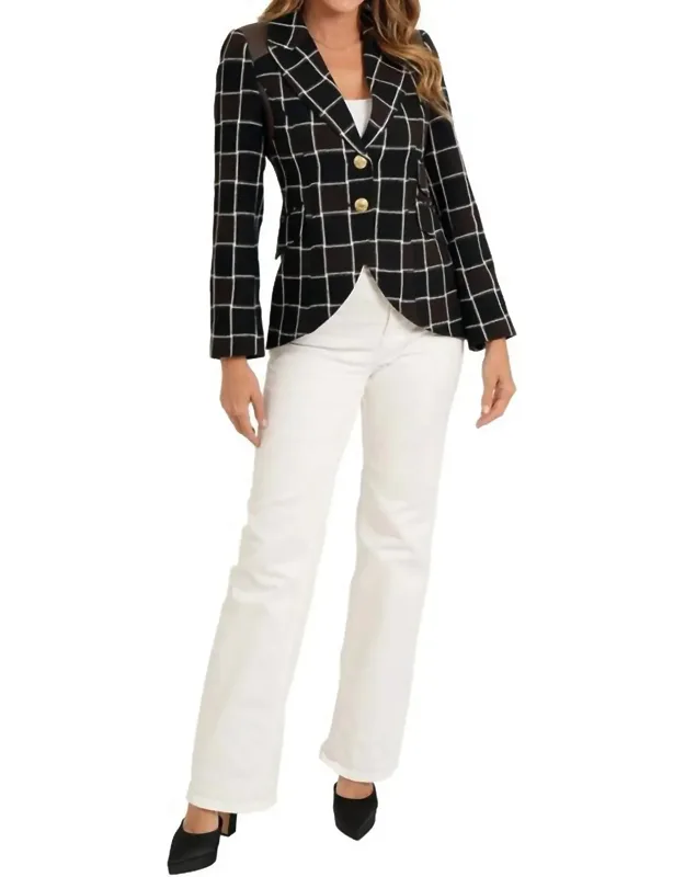 Window Pane Vegan Leather Trim Blazer