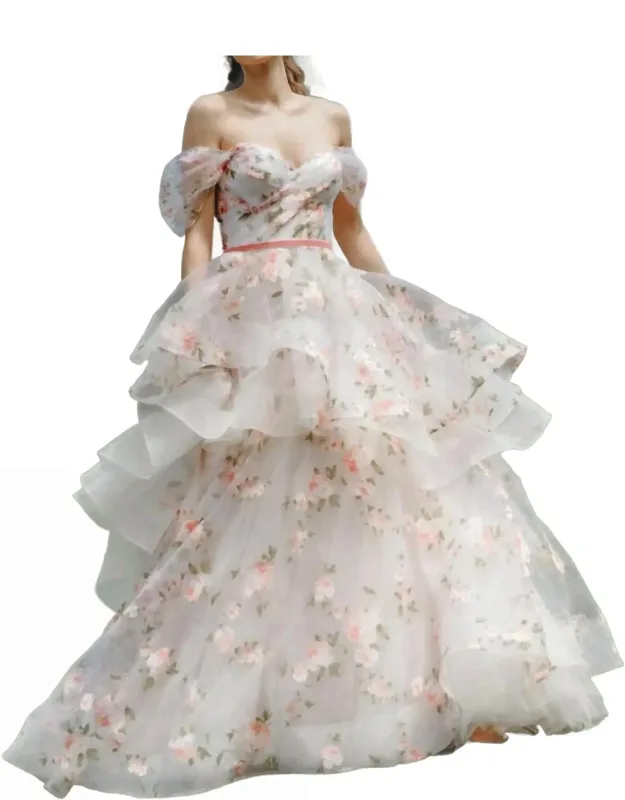 Layered Skirt Floral Print Wedding Gown