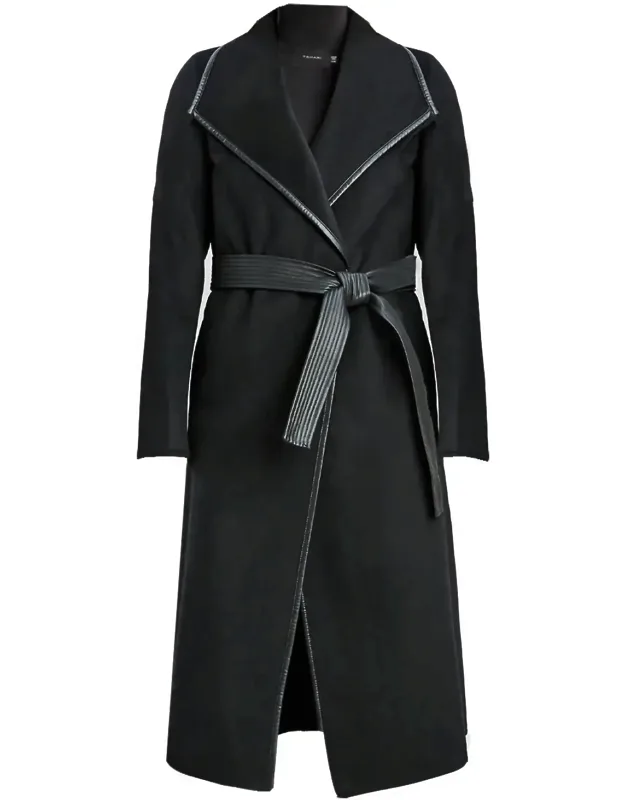 Juliette Double Face Faux Leather Trim Belted Wool Coat