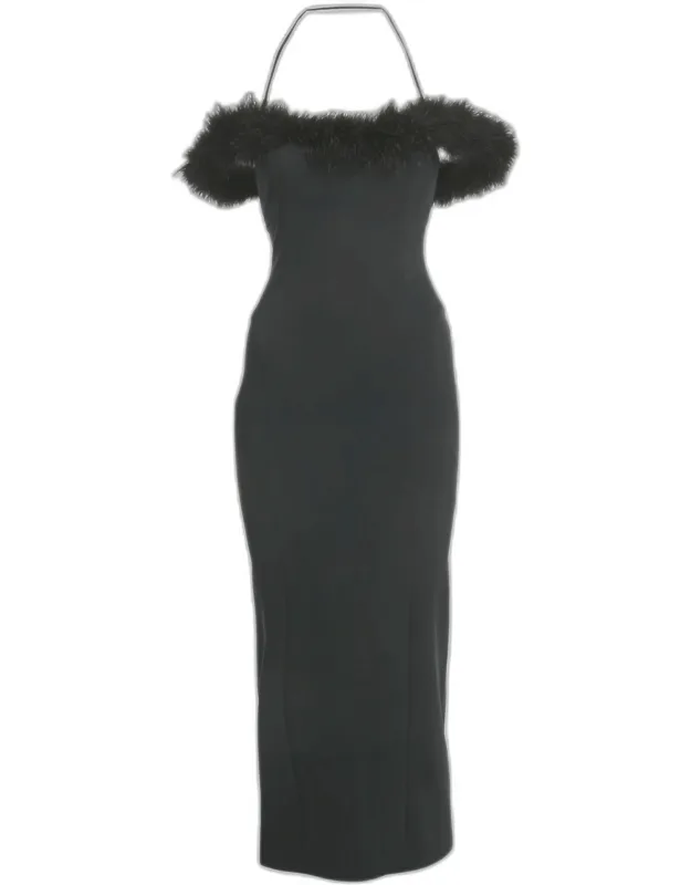 Feather Trim Jersey Midi Dress