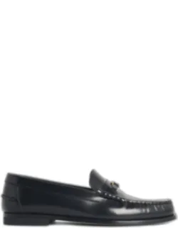 Black Leather Loafers With Brushed Finish And Metal Accessory