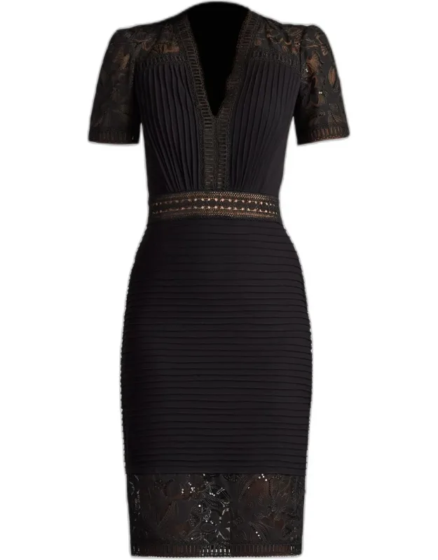 Pintuck Bodycon Lace & Crepe Dress