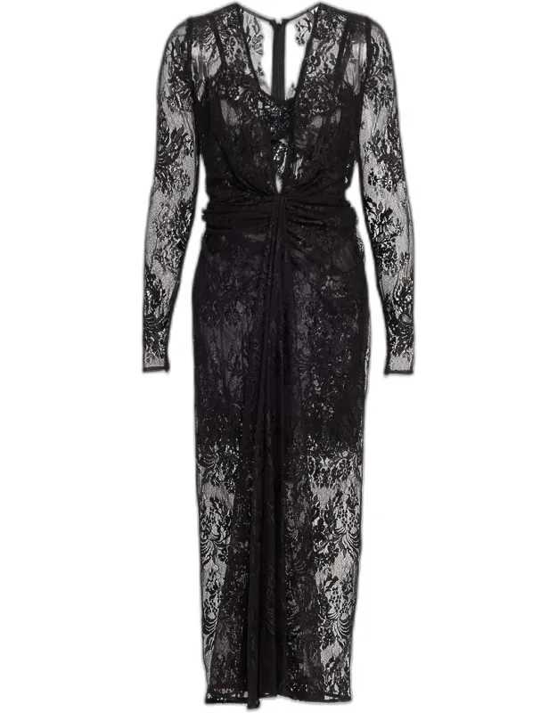 Twisted Chantilly Lace Long-sleeve Midi Dress