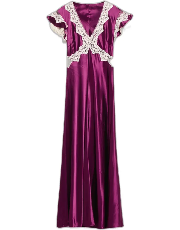 Lace-trim Ruffle-sleeve Satin Maxi Dress