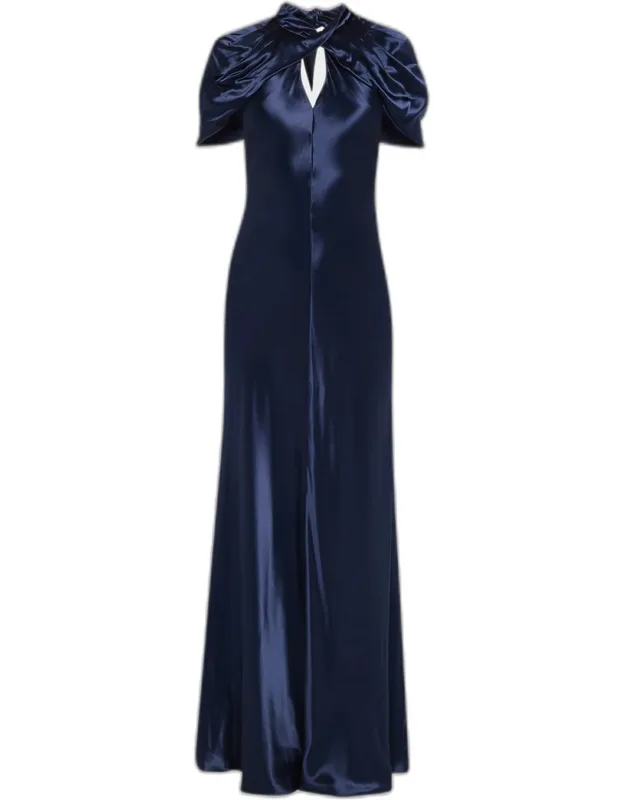 Twisted Capelet Satin Maxi Dress
