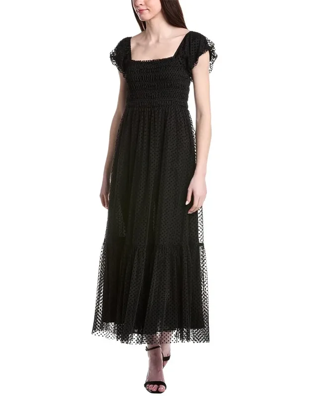 Maxi Dress With Flocked Mesh Construction And Elastic Puff Sleeves