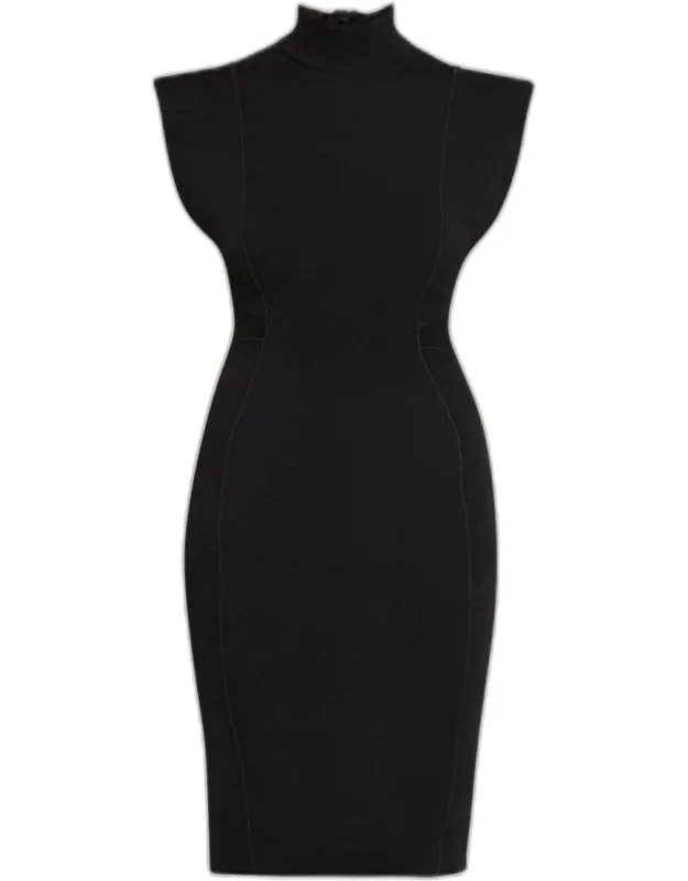 Mock-neck Cap-sleeve Seam Paneled Dress