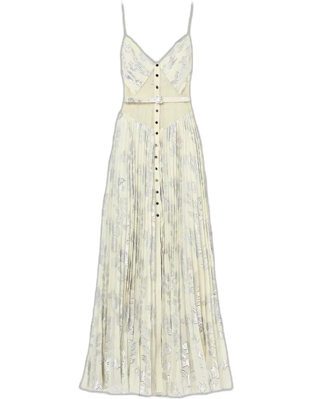 Pleated Metallic Floral Maxi Dress