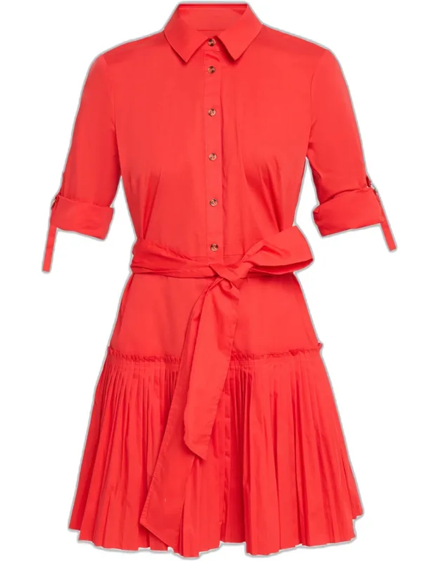 Pleated Stretch Cotton Mini Shirtdress