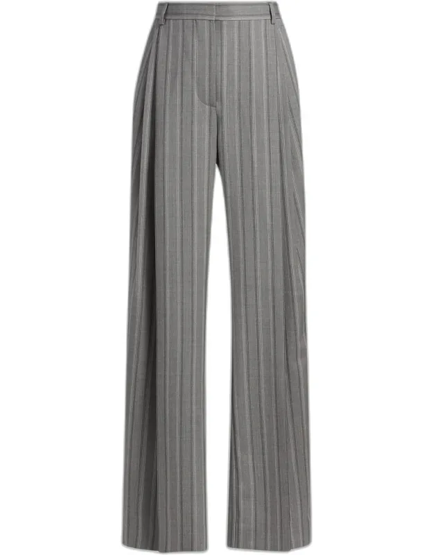 Striped Wool Pleated Straight-leg Trousers