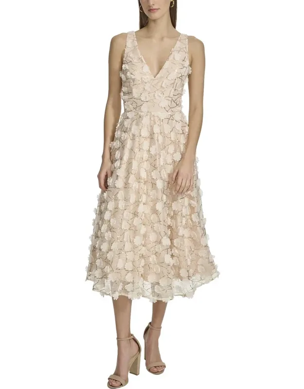 3d Floating Flowers Mesh Midi Dress