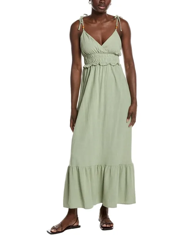 Beaded Linen-blend Strap Ruffled Dress