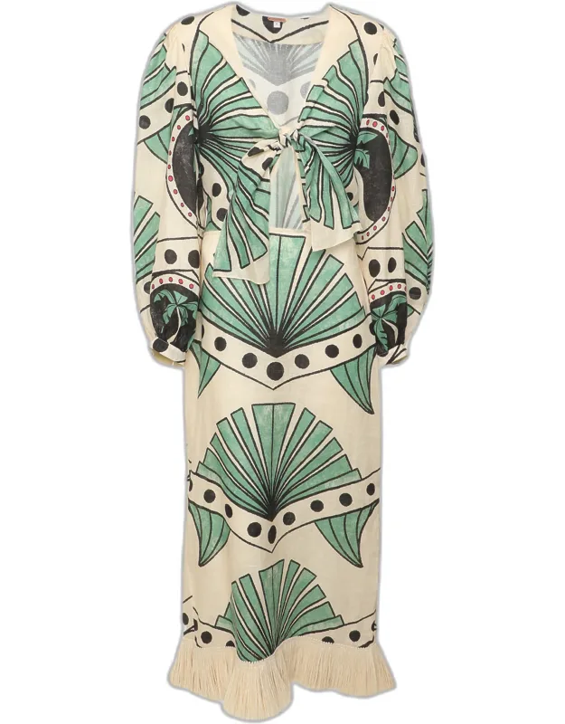 Palm Print Linen And Straw Maxi Dress