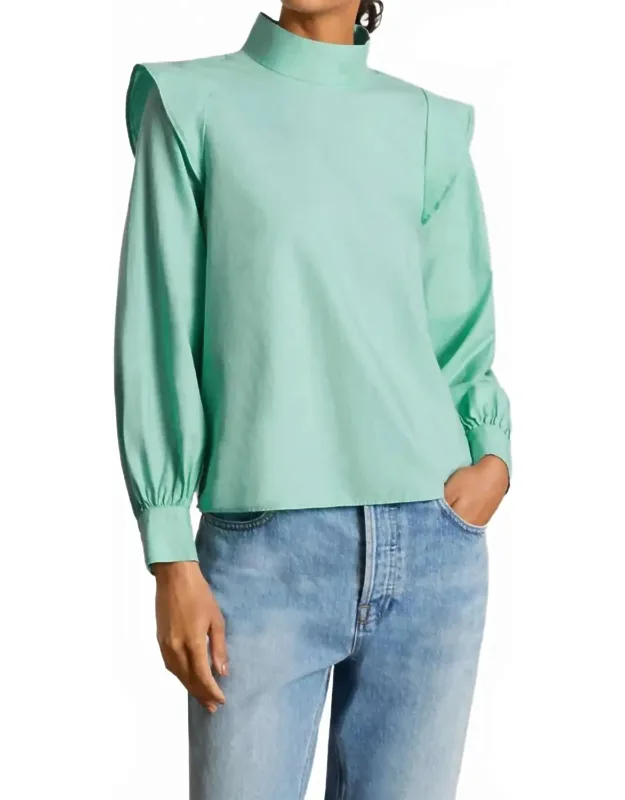 Wing Shoulder Mockneck Cotton Blouse