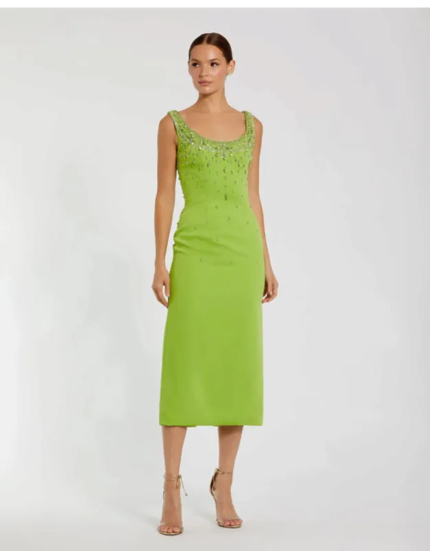 Beaded Crepe Scoop Neck Sleeveless Midi Dress