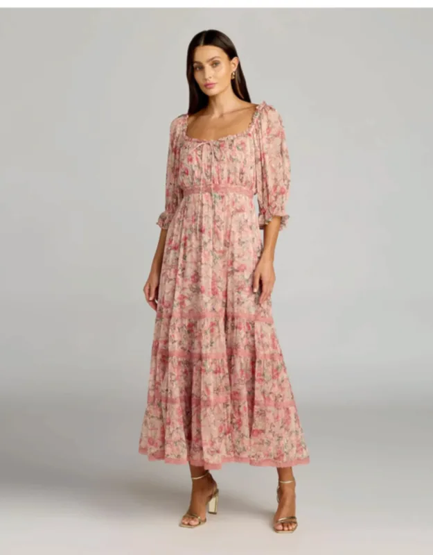 Floral Scoop Neck Midi Dress With 3/4 Sleeves