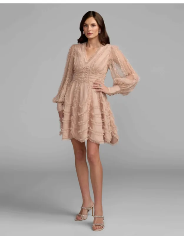 Long Sleeve Micro Ruffle V Neck Mini Dress