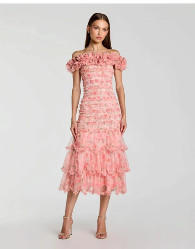 Floral Off The Shoulder Ruffle Midi Dress