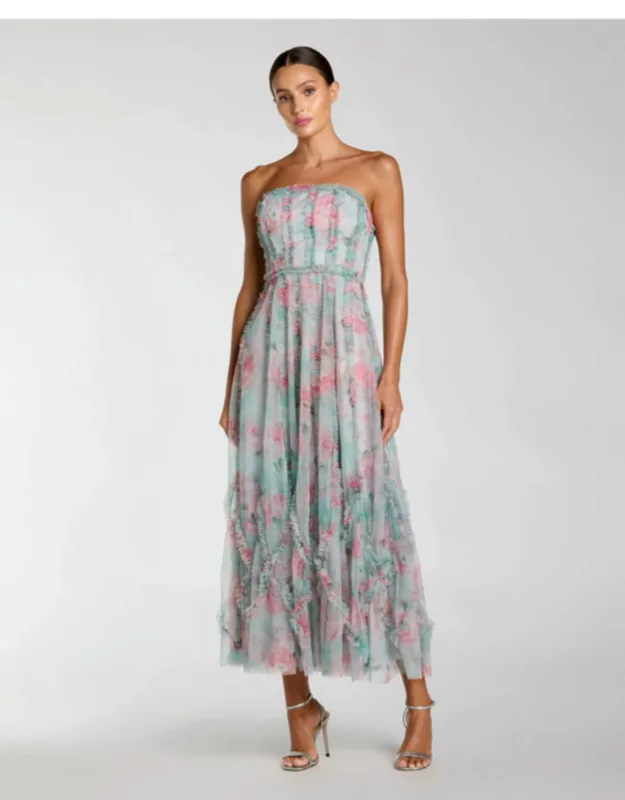 Strapless Floral Ruffle Dress
