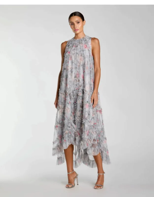 Floral Ruffle High Neck Midi Dress