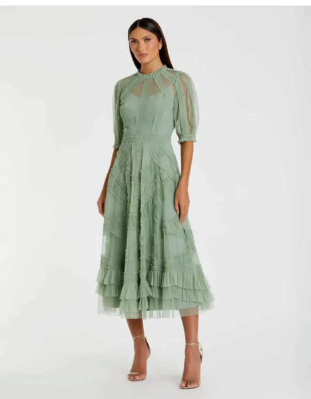 High Neck Ruffle Tiered A-line Midi Dress