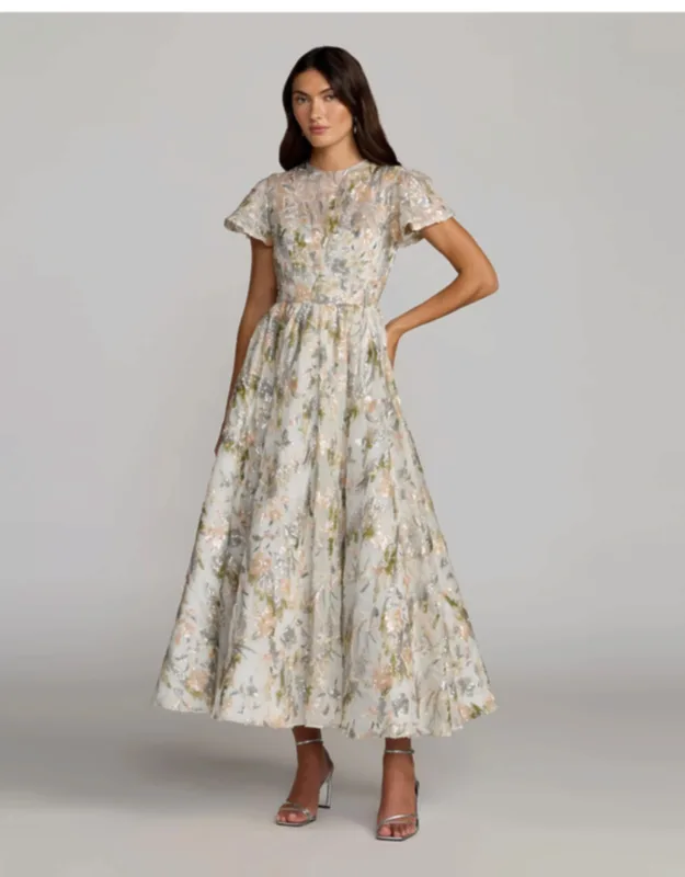 Flutter Sleeve Sequin A-line Midi Dress