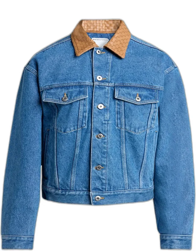 Intrecciato-leather Collar Denim Jacket