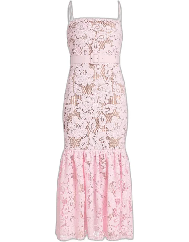 Crochet Lace Midi Dress With Removable Belt And Square Neckline