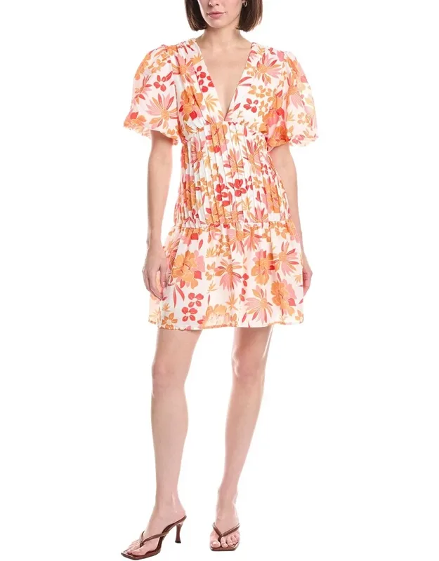 Floral Print V-neck Puff Flounce Mini Dress