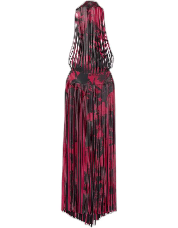 Floral-print Leather Fringe Maxi Dress