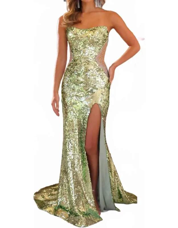 Strapless Neckline Sheer Cutout Sides Sequin Prom Dress