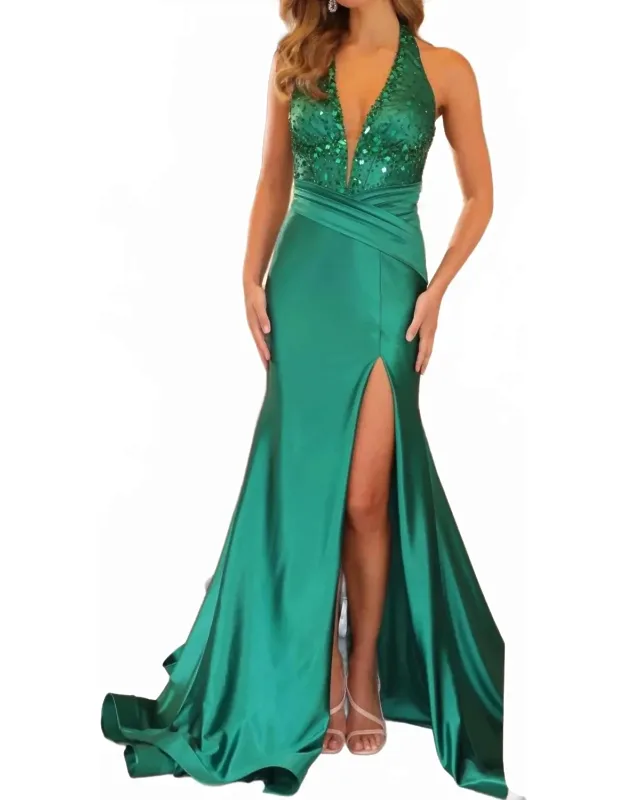Cutglass Beaded Halter Long Dress