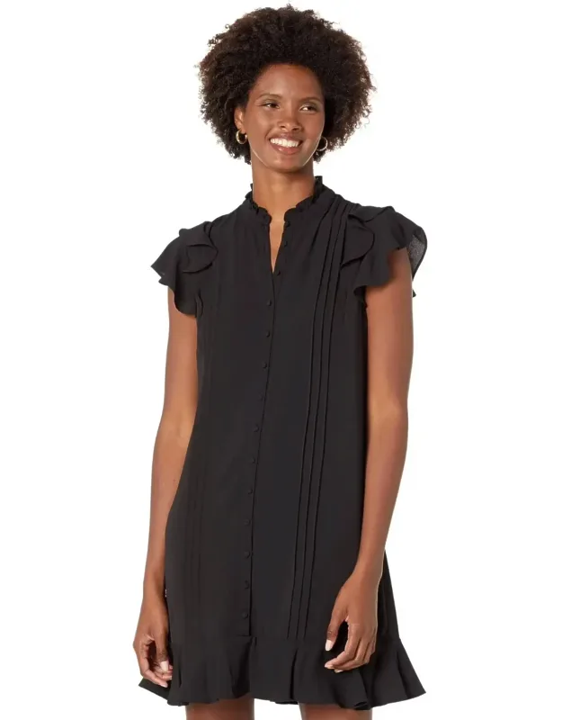 Mini Dress Small Pintuck Button Front Flutter Sleeve