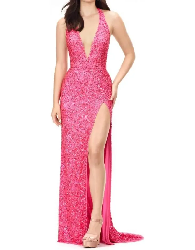 Beaded Deep Halter V-neck Long Dress