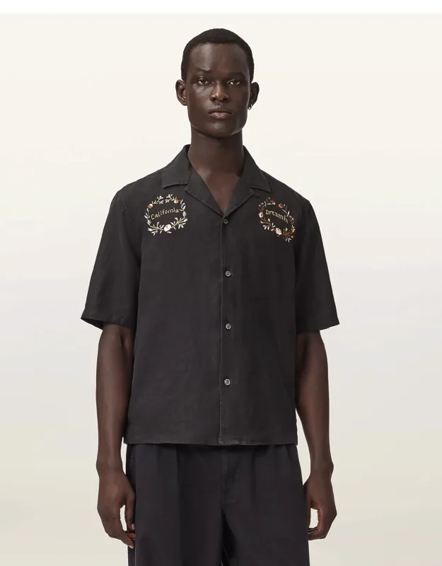 Klavicle Short Sleeve Linen Embroidered Shirt