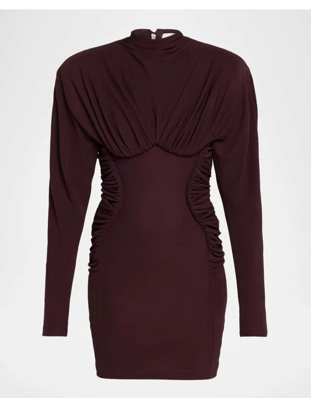 Pleated High-neck Long-sleeve Mini Dress