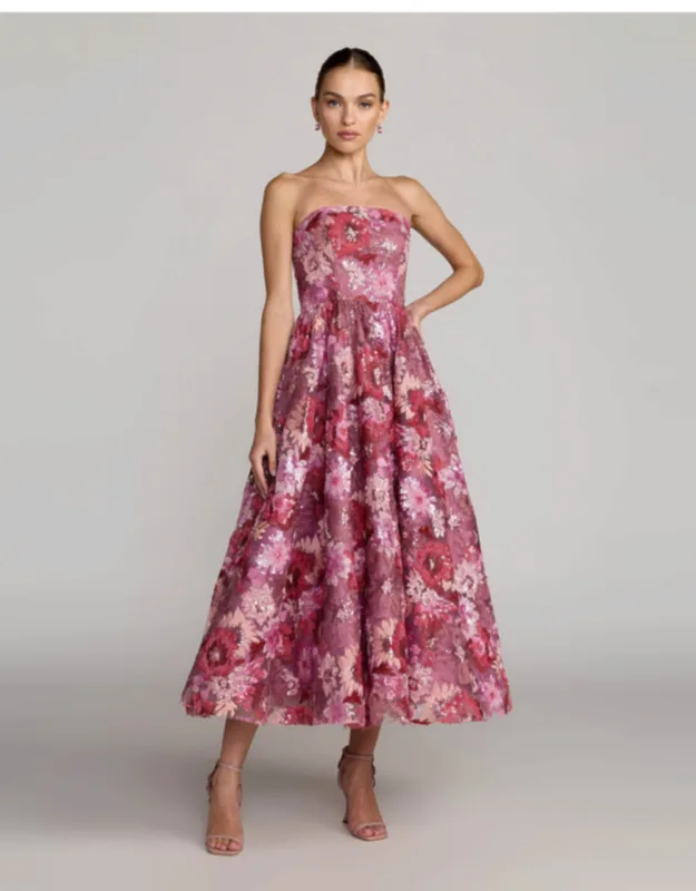 Floral Sequin Strapless Midi Dress