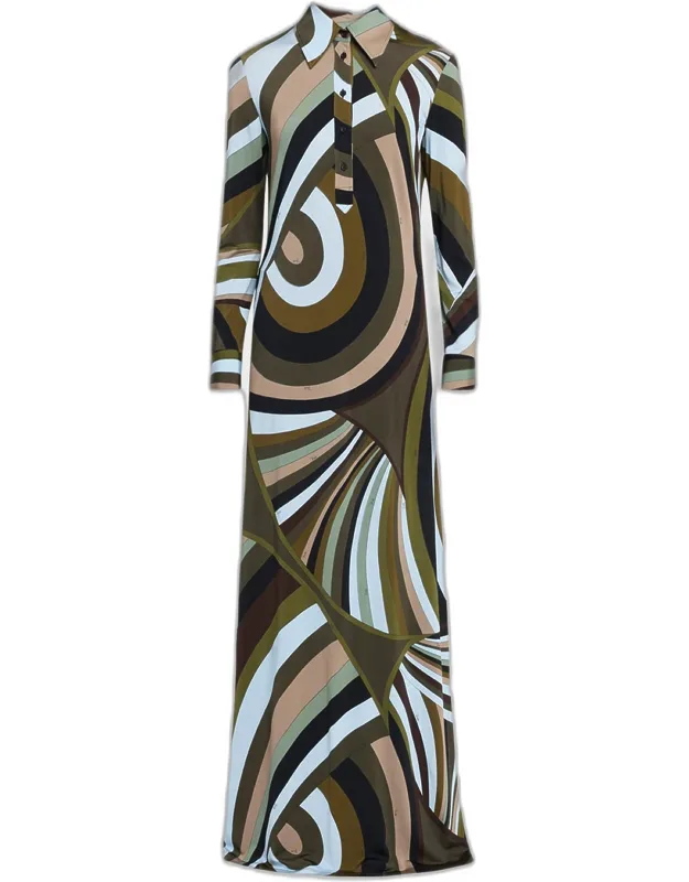 Iride-print Jersey Long-sleeve Maxi Shirtdress