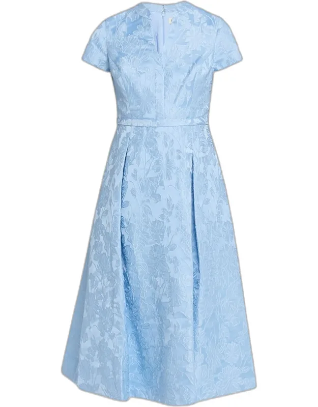 Pleated Floral Jacquard Midi Dress