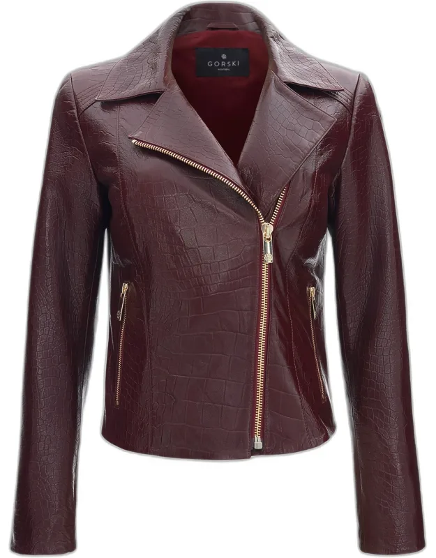 Leather Croco-embossed Moto Jacket