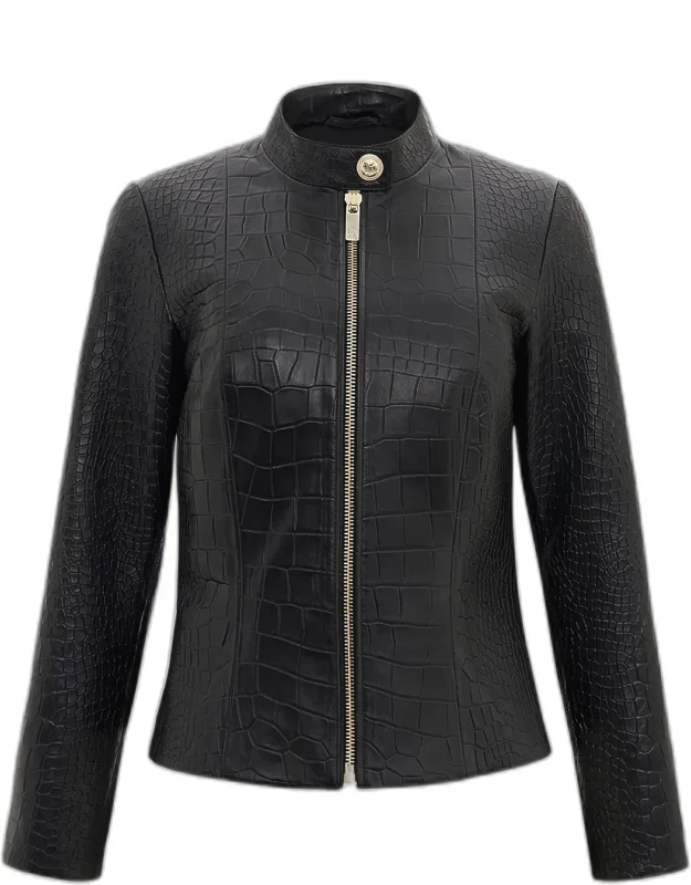 Leather Croc-embossed Zip Jacket