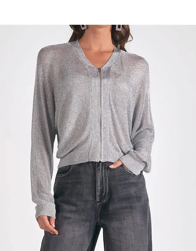 Metallic Zip Cardigan Sweater