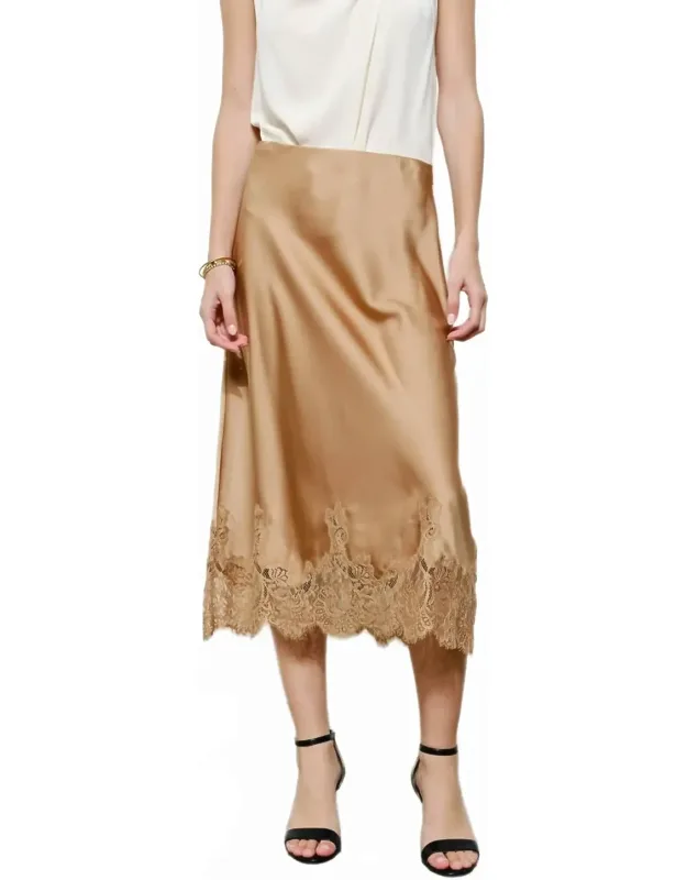 Classic Silky Lace Hem Midi Skirt