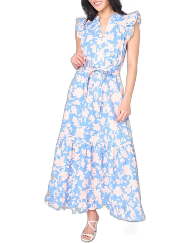 Notch Neck Flutter Sleeve Maxi Dress