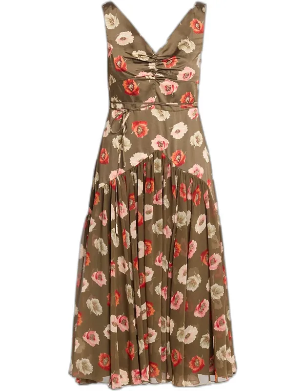 Floating Poppies Satin Midi Dress
