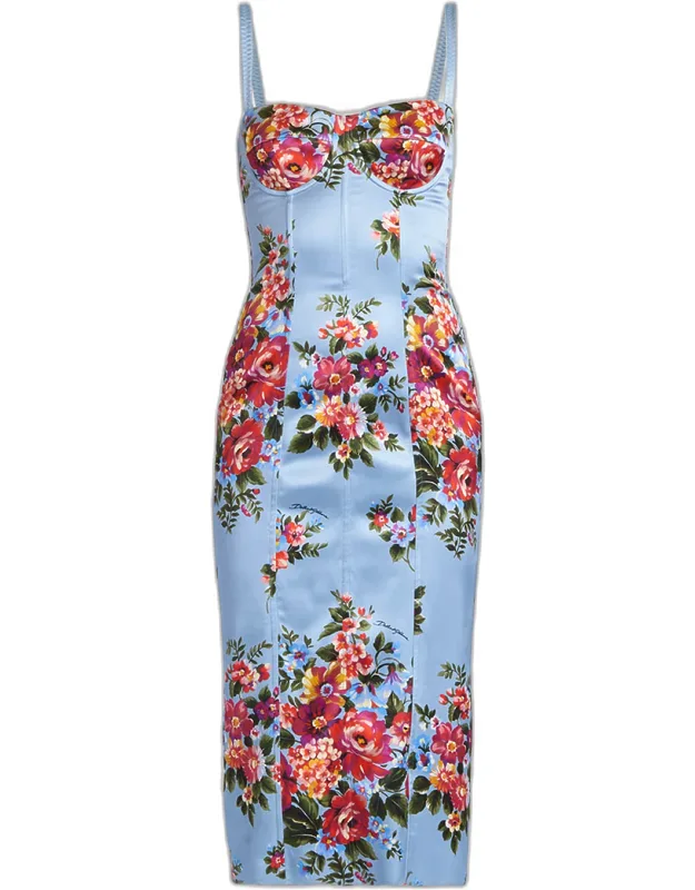 Floral Satin Bustier Midi Dress
