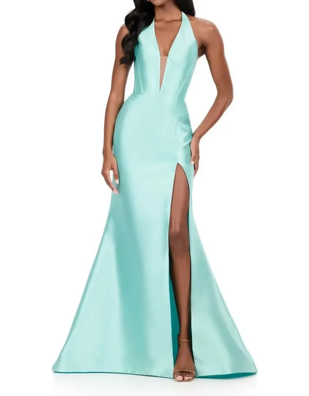 Plunging Halter Neckline Mikado Prom Dress