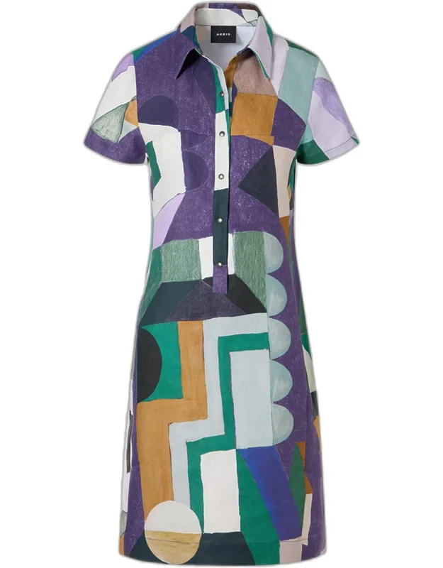 Abstract-print Linen Polo Dress