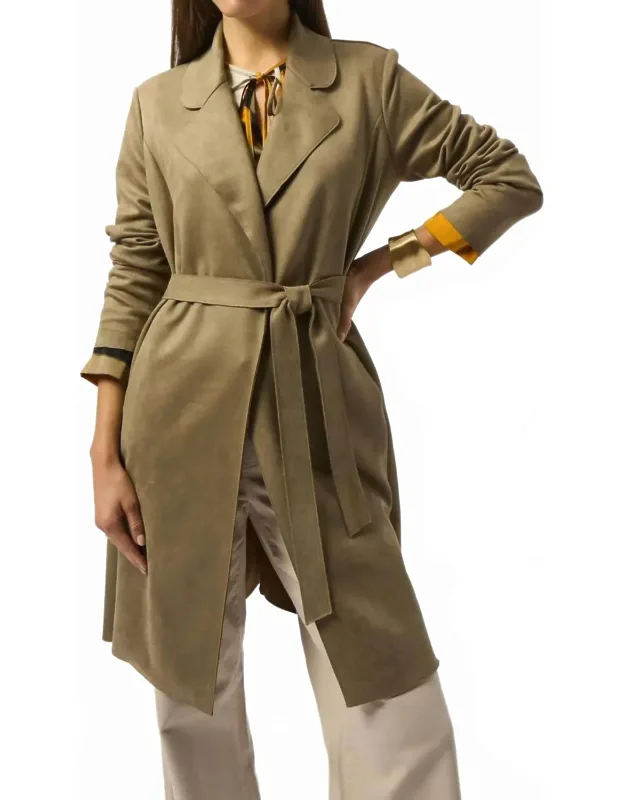 Faux Suede Belted Trench Coat