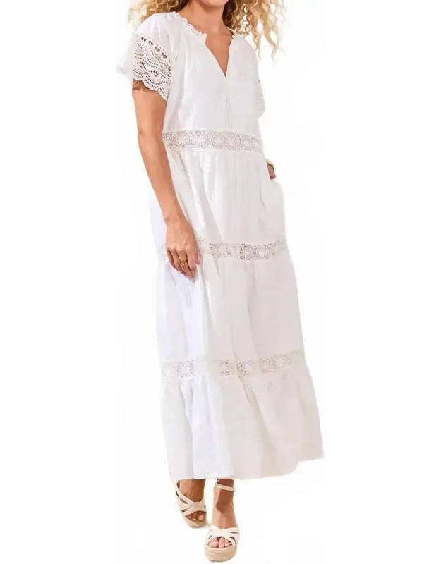 Cotton Poplin Lace-trim Tiered V-neck Maxi Dress